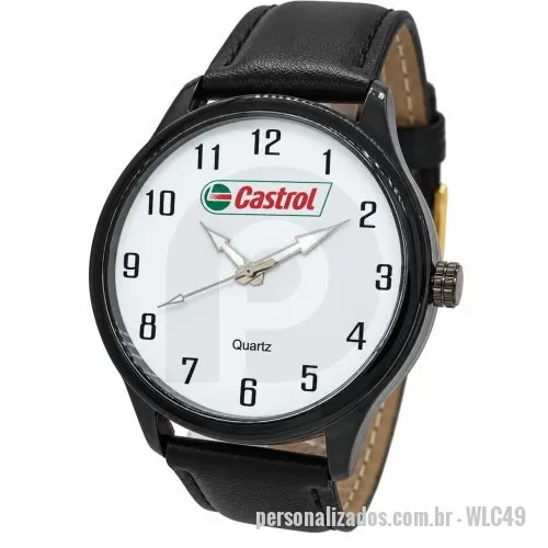 Relógio de pulso personalizado - Relógio de pulso analógico personalizado com logo, caixa preta, pulseira de couro, bateria Maxcell, maquina SL68 , com garantia de 1 ano e embalagem personalizada sem limite de cores (mostrador sem limite de personalização).