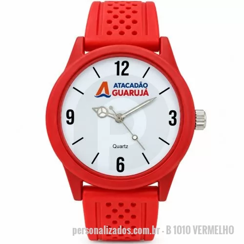 Relógio de pulso personalizado - Relógio de pulso analógico personalizado com logo, caixa vermelha, pulseira de borracha esportiva vermelha, bateria Maxcell, maquina SL68 , com garantia de 1 ano e embalagem personalizada sem limite de cores (mostrador sem limite de personalização).