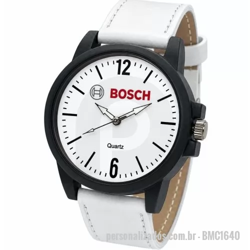 Relógio de pulso personalizado - Relógio de pulso analógico personalizado com logo, caixa preta, pulseira de couro branca, bateria Maxcell, maquina SL68 , com garantia de 1 ano e embalagem personalizada sem limite de cores (mostrador sem limite de personalização).