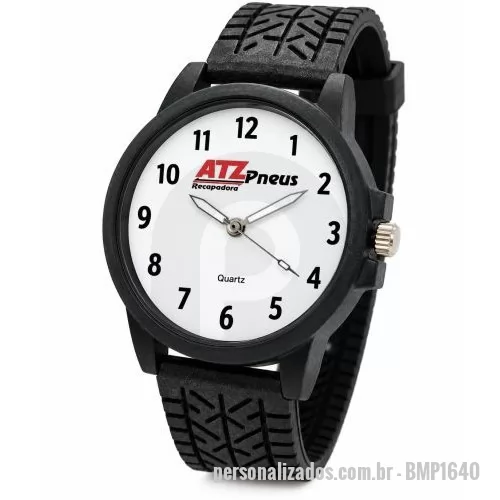 Relógio de pulso personalizado - Relógio de pulso analógico personalizado com logo, caixa preta, pulseira esportiva pneu borracha, bateria Maxcell, maquina SL68 , com garantia de 1 ano e embalagem personalizada sem limite de cores (mostrador sem limite de personalização).