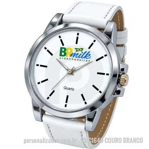 Relógio de pulso personalizado - Relógio de pulso analógico personalizado com logo, caixa cromada, pulseira de couro branco, bateria Maxcell, maquina SL68 , com garantia de 1 ano e embalagem personalizada sem limite de cores (mostrador sem limite de personalização).