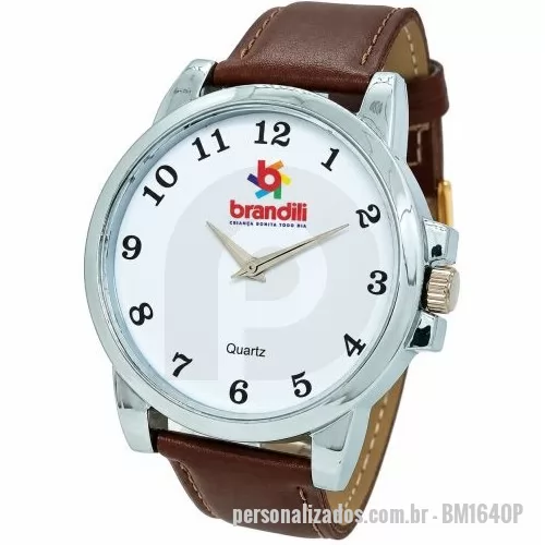 Relógio de pulso personalizado - Relógio de pulso analógico personalizado com logo, caixa cromada, pulseira de couro marrom , bateria Maxcell, maquina SL68 , com garantia de 1 ano e embalagem personalizada sem limite de cores (mostrador sem limite de personalização).