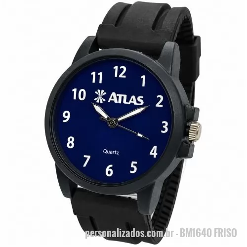 Relógio de pulso personalizado - Relógio de pulso analógico personalizado com logo, caixa preta, pulseira esportiva de friso, bateria Maxcell, maquina SL68 , com garantia de 1 ano e embalagem personalizada sem limite de cores (mostrador sem limite de personalização).