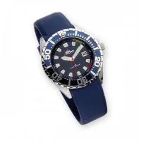 Relógio de pulso análogo quartz, caixa em aço e pulseira PU. Mostrador azul, com calendário e index em alto relevo e luminoso. Divulgue sua marca e personalize com o seu logo.