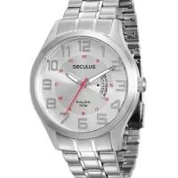 Relógio de pulso marca Seculus com  caixa e pulseira em aço, com index em alto relevo e calendário. Divulgue sua marca e personalize com o seu logo.