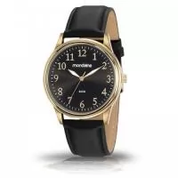 Relógio de pulso Mondaine análogo quartz, mostrador preto com números arábicos, pulseira de couro.  - Resistente a água - Garantia de um ano - Embalagem de plástico individual