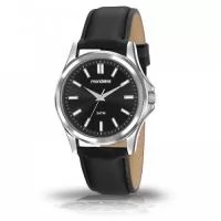 Relógio de pulso Mondaine análogo quartz, mostrador preto com index, pulseira de couro.   - Resistente a água.  - Garantia de um ano - Embalagem de plástico individual