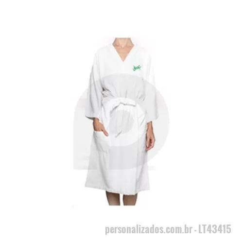 Roupão personalizado - Roupão Malibú Unissex Felpa Dúpla Bordado Quimono Felpudo nas 02 faces tamanho M, produzido em tecido de cor branco 95% algodão e 5% poliéster gramatura 260 g/m² ( disponível em 19 cores básicas de linha sob consulta ), com 01 logotipo bordado em cores com até 10.000 pontos localizado no peito (ou sob consulta para tamanhos maiores), mangas 3/4, bolsos laterais, presilhas e tira de cintura do mesmo tecido e embalado em saco plástico individual. 