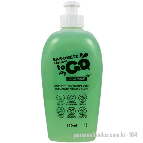 Sabonete líquido personalizado - Sabonete Líquido Erva Doce ToGo 300ml vem com tampa tipo push pull, é dermo testado, tem fórmula suave, propriedades hidratantes e aroma suave de Erva Doce.   n° Proc. ANVISA 25351.570912/2021-28