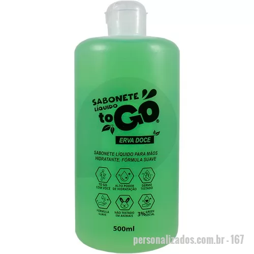 Sabonete líquido personalizado - Sabonete Líquido Erva Doce ToGo 500ml vem com tampa tipo flip top, é dermo testado, tem fórmula suave, propriedades hidratantes e aroma suave de Erva Doce.   n° Proc. ANVISA 25351.570912/2021-28