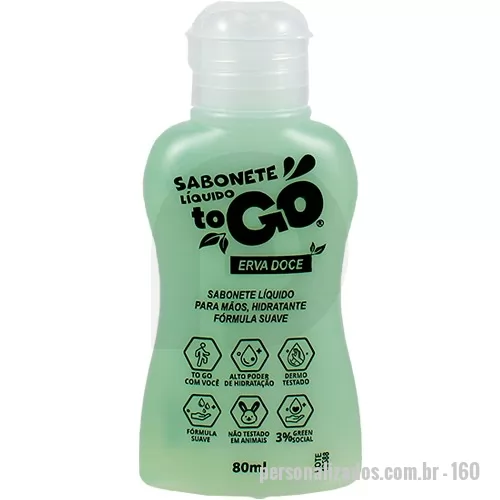 Sabonete líquido personalizado - Sabonete Líquido Erva Doce ToGo 80ml vem com tampa tipo flip top, é dermo testado, tem fórmula suave, propriedades hidratantes e aroma suave de Erva Doce.   n° Proc. ANVISA 25351.570912/2021-28
