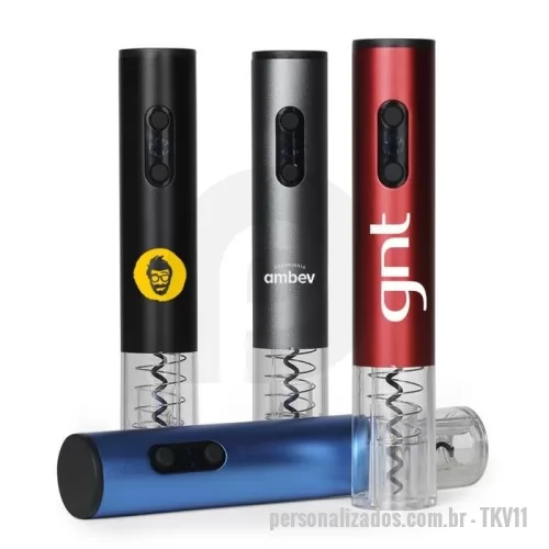 Saca rolha elétrico personalizada - Saca rolhas elétrico com led e cortador de lacre. Parte superior em alumínio e parte inferior acrílica, possui compartimento superior com tampa para 4 pilhas aa (não acompanha pilhas), painel com iluminação led e botões para extração e remoção de rolhas. No modo extração a área acrílica é iluminada pelo led. Acompanha cortador de lacre. Obs.: não afundar o produto na água ou qualquer outro tipo de líquido.