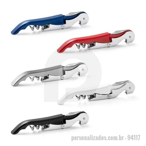 Saca rolha personalizada - Saca-rolhas em metal e PP com abridor de garrafas e canivete de sommelier. Espiral em aço inox. 121 x 20 x 12 mm