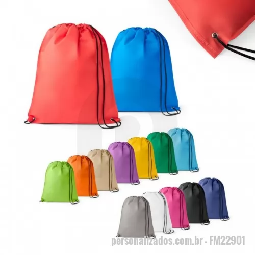 Saco personalizado - Sacola tipo mochila em non-woven (80 m/g²) termo-selado com ilhós de metal e cordão 4/1 preto. 330 x 400 mm