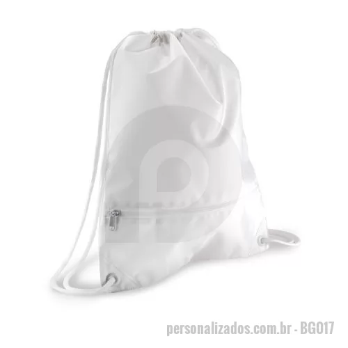 Sacochila personalizada - Detalhes:  Mochila tipo sacola com capacidade de 13,5 litros e bolso frontal com zíper. Informações Adicionais:  Material Principal: Poliéster 300D Capacidade: 13,5 L