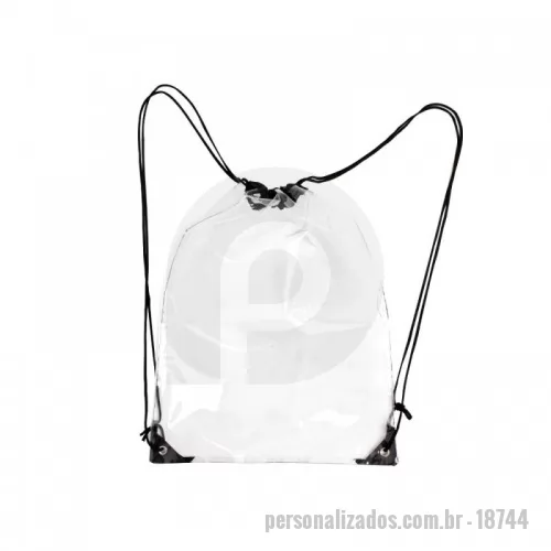 Sacochila personalizada - Mochila Saco em PVC transparente com detalhes em tecido nylon, alças reguláveis e dois ilhós metálicos.
