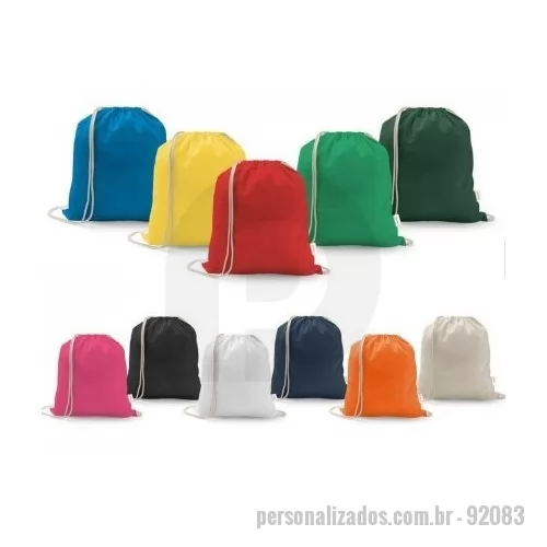 Sacochila personalizada - Sacola tipo mochila em 70% algodão reciclado e 30% poliéster reciclado (140 g/m²), com alças de algodão. O tecido é sem tingimento, é utilizado na sua cor original, sem produtos químicos de tingimento ou branqueamento, contribuindo para um menor impacto ambiental. 370 x 410 mm