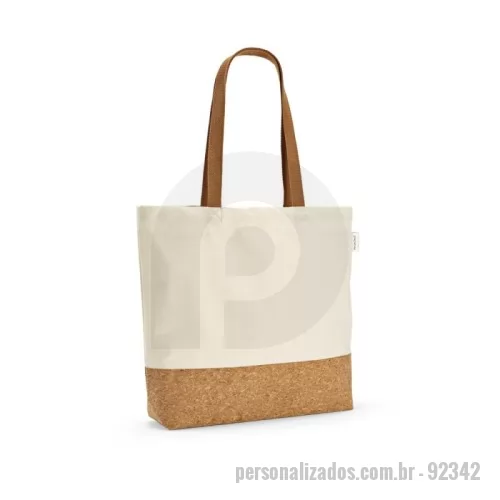 Sacola de Algodão personalizada - Sacola em 70% algodão reciclado e 30% poliéster reciclado (220 g/m²) com fundo em cortiça. Alças em webbing com 65 cm. 460 x 380 x 100 mm