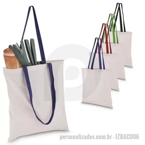 Sacola de Algodão personalizada - Sacola em algodão cru 140g/m² com alça colorida em algodão liso. Alça com altura de 29 cm, ideal para transporte.