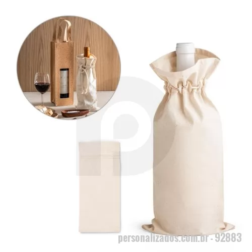 Sacola de Algodão personalizada - Sacola para garrafa em 100% algodão (180 g/m²) com cordão para fechar, também em algodão. 150 x 340 mm
