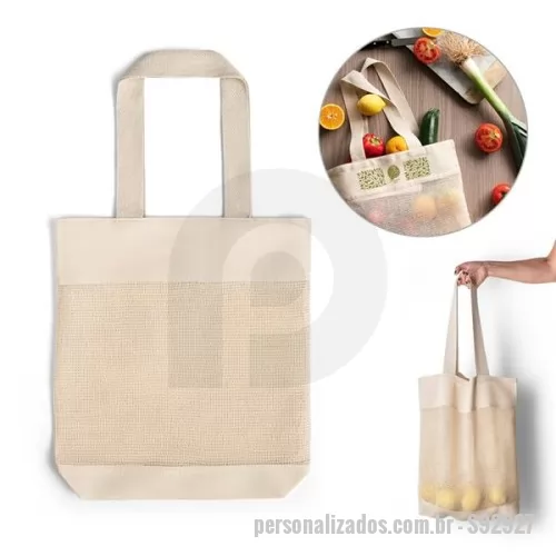 Sacola de Algodão personalizada - Sacola com 100% algodão (180 g/m²) com malha 100% algodão (100 g/m²) na parte frontal. Alças em webbing com 65 cm. Sacola ideal para compras. 390 x 430 x 80 mm. Gravação em 1 cor já inclusa.