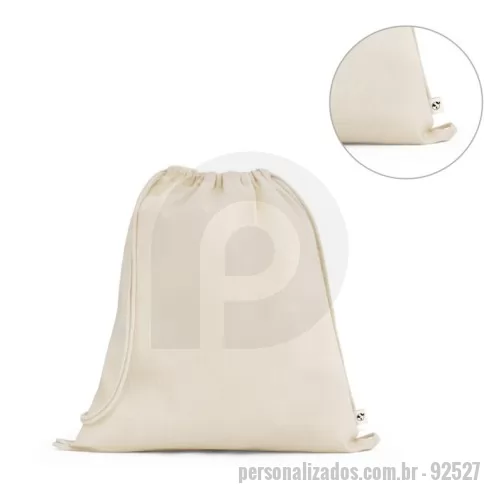 Sacola de Algodão personalizada - Sacola tipo mochila 100% algodão orgânico (140 g/m²), com alças em algodão para fechar. 370 x 410 mm