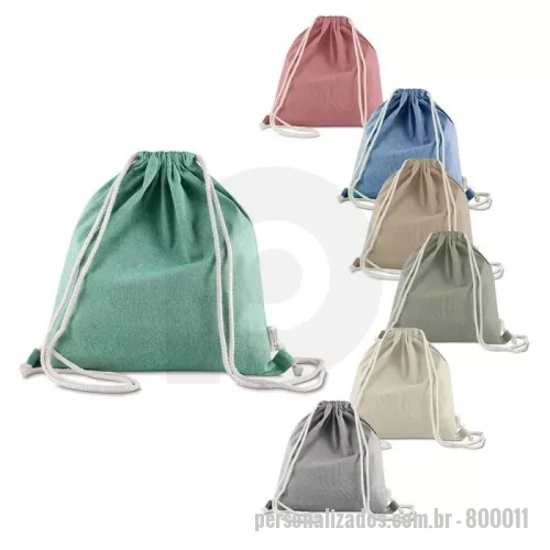 Sacola de Algodão personalizada - 	Sacola/mochila confeccionada em algodão mescla reciclado, gramatura 140g/m², com alças em algodão cru.