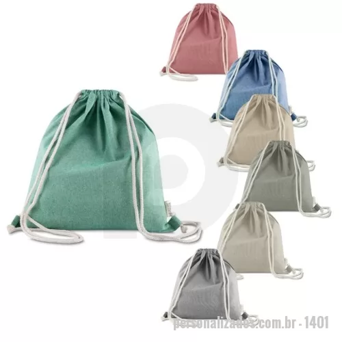 Sacola de Algodão personalizada - Sacola/mochila confeccionada em algodão mescla reciclado, gramatura 140g/m², com alças em algodão cru.