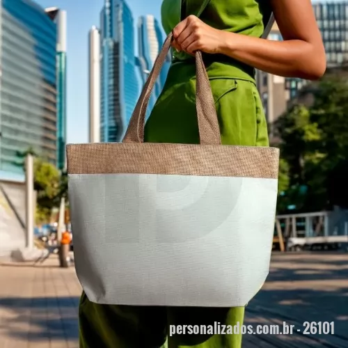 Sacola de Algodão personalizada - Sacola em Algodão Cru 220g/m² com detalhe em Juta. Alça com altura de 24 cm, ideal para transporte.