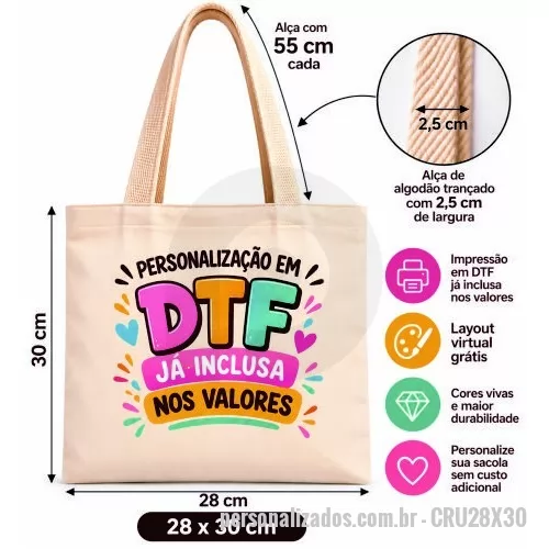 Sacola de Algodão personalizada - Sacola Ecologica em Algodão Cru 160gr - Tamanho 28L x 30A