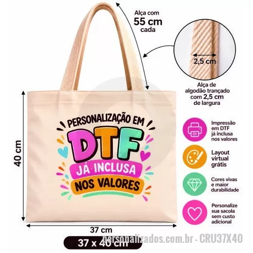 Sacola de Algodão personalizada - Sacola Ecologica em Algodão Cru 160gr - Tamanho 37L x 40A