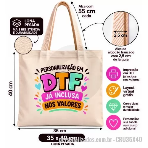 Sacola de Algodão personalizada - Sacola Ecologica em Algodão Cru 270gr - Tamanho 35L x 40A