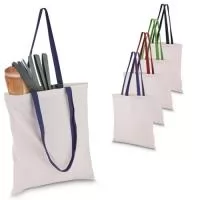 Sacola em algodão cru 140g/m² com alça colorida em algodão liso. Alça com altura de 29 cm, ideal para transporte.