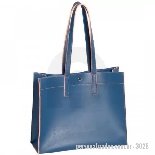 Sacola de couro ou sintético personalizada - Bolsa sacola com alça de mão, acabamento pespontado e fechamento com botão.