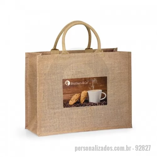 Sacola de Juta personalizada - Sacola. Juta: 360 g/m². Com laminado no interior. Alças curtas acolchoadas. 430 x 340 x 175 mm