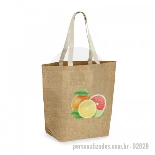 Sacola de Juta personalizada - Sacola de juta (360 g/m²) com laminado no interior e com alças webbing com 60 cm. 385 x 445 x 165 mm