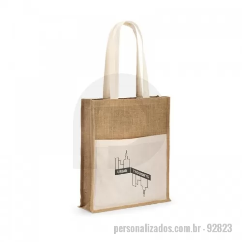 Sacola de Juta personalizada - Sacola em juta (240 g/m²) com alças de 65 cm e um bolso frontal 100% algodão (140 gm²). 370 x 410 x 100 mm | Bolso: 370 x 270 mm