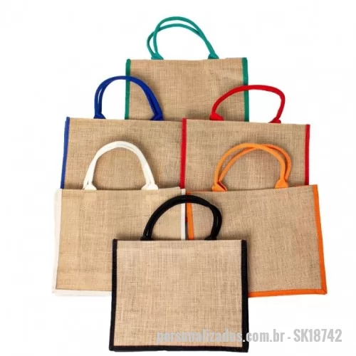 Sacola de Juta personalizada - Sacola ecológica confeccionada em juta com alças costuradas na parte interna.