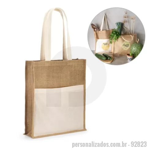 Sacola de Juta personalizada - Sacola 100% juta (240 g/m²) com alças de 65 cm e um bolso frontal 100% algodão (140 g/m²). 370 x 410 x 100 mm | Bolso: 370 x 270 mm