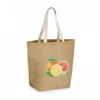 Sacola de juta (360 g/m²) com laminado no interior e com alças webbing com 60 cm. 385 x 445 x 165 mm