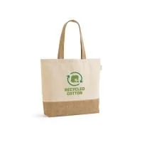 Sacola em 70% algodão reciclado e 30% poliéster reciclado (220 g/m²) com base em juta. Alças em webbing com 65 cm. 460 x 380 x 100 mm
