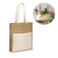 Sacola 100% juta (240 g/m²) com alças de 65 cm e um bolso frontal 100% algodão (140 g/m²). 370 x 410 x 100 mm | Bolso: 370 x 270 mm