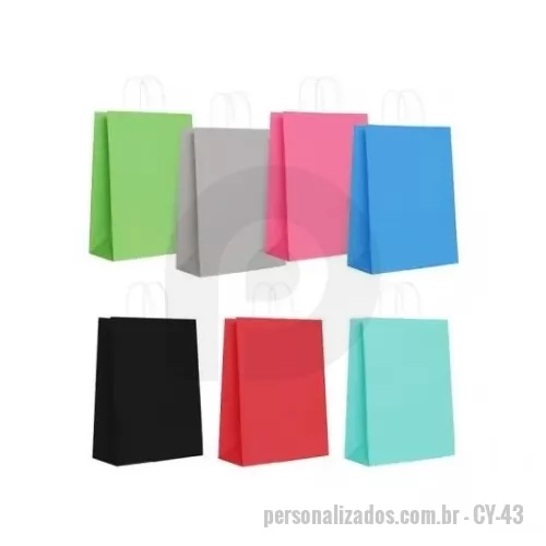 Sacola de papel personalizada - Sacola em Papel Colorido CY-43 Sacola em papel Branco 110 g/m² e alças de papel torcido 22 cm. Dimensão: 35 x 44 x 13,5 cm (L,A,C). ALÉM DESSE PRODUTO TEMOS OUTROS MODELOS EMAIS DE 3.000 ITENS EM NOSSO CATÁLOGO