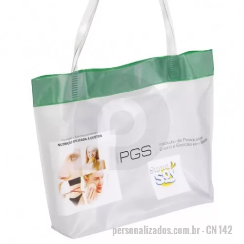 Sacola de PVC personalizada - SACOLA DE PLASTICO - PVC 020 COM ALÇA DE SILICONE E BARRA EM PVC CAMURÇA COLRIDO- SOLDA 