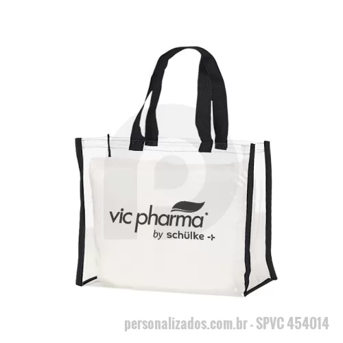 Sacola de PVC personalizada - Sacola de PVC Cristal, adaptável e de longa duração, com acabamento que suporta estampa em até 4 cores. Personalização via Silkscreen, com mínimo de 500 peças. Sacolas reutilizáveis que favorecem a sustentabilidade e reduzem o uso de sacolas plásticas em vários estabelecimentos. Capacidade de carga: até 10 kg. Dimensões: 45x40x14 cm.