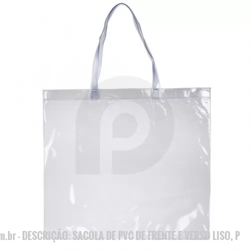 Sacola de PVC personalizada - Descrição: Sacola de pvc de frente e verso liso, possui alça com detalhe em relevo. OBS.: Para prolongar a vida útil do material pvc, atente-se as condições ideais de armazenamento: mantenha o material em local seco e arejado, livre da exposição ao sol e altas temperaturas.  Medidas aproximadas para gravação (CxL):  36 cm x 43 cm  Tamanho total aproximado  (CxL):  39,2 cm x 43,7 cm