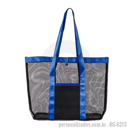 Sacola de PVC personalizada - Bolsa confeccionada em tela de PVC com botão de fechamento em plástico, alças e detalhes em tecido sintético.