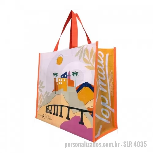 Sacola de ráfia personalizada - Sacola Confeccionada em ráfia laminada, modelo reutilizável com alça e viés personalizado. Impressão Digital, sem limite de cores. Produto de grande tiragem vendido acima de 5.000 peças.