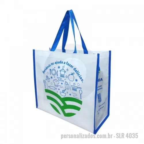 Sacola de ráfia personalizada - Sacola Confeccionada em ráfia laminada, modelo reutilizável com alça e viés personalizado. Impressão Digital, sem limite de cores. Produto de grande tiragem vendido acima de 5.000 peças.