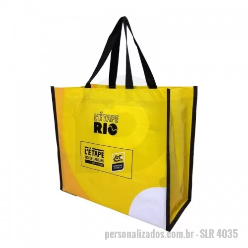 Sacola de ráfia personalizada - Sacola Confeccionada em ráfia laminada, modelo reutilizável com alça e viés personalizado. estampa em até quatro cores, silk (serigrafia), alta qualidade e acabamento.